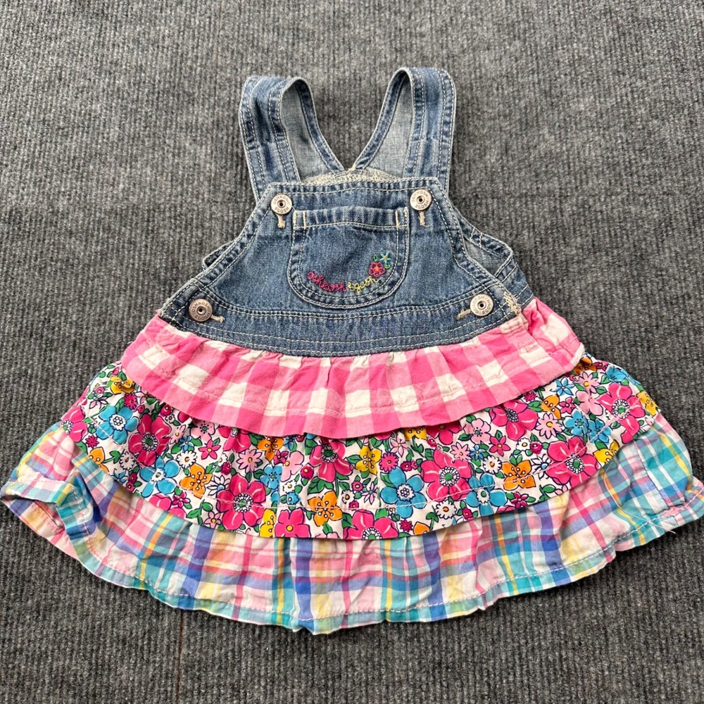 Vtg OshKosh B'gosh Overall Dress Baby Girl 9M Ruffle Floral Plaid Denim Blue Y2K